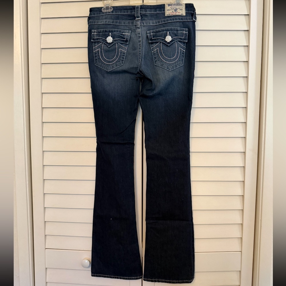 🧲TRUE RELIGION Dark Blue Whiskered Bootcut Jeans 27” Waist 33” Length LIKE NEW👖